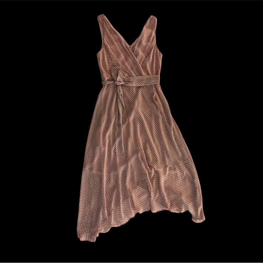 Karl Lagerfield Elegant Pink Polka Dot Midi Chiffon Asemetrical Dress- Size 8